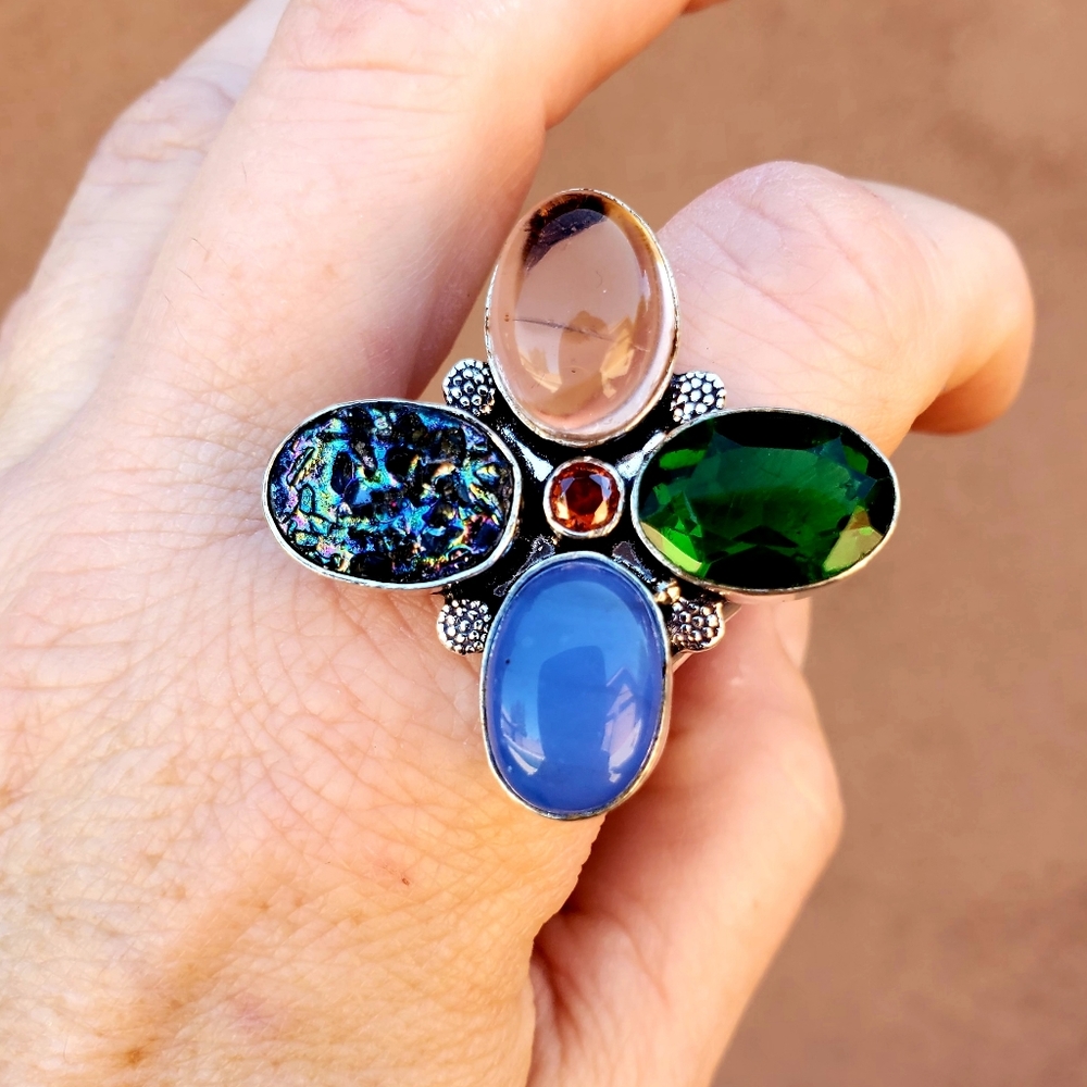 New Huge Multi Gemstone 925 Silver Statement Ring.